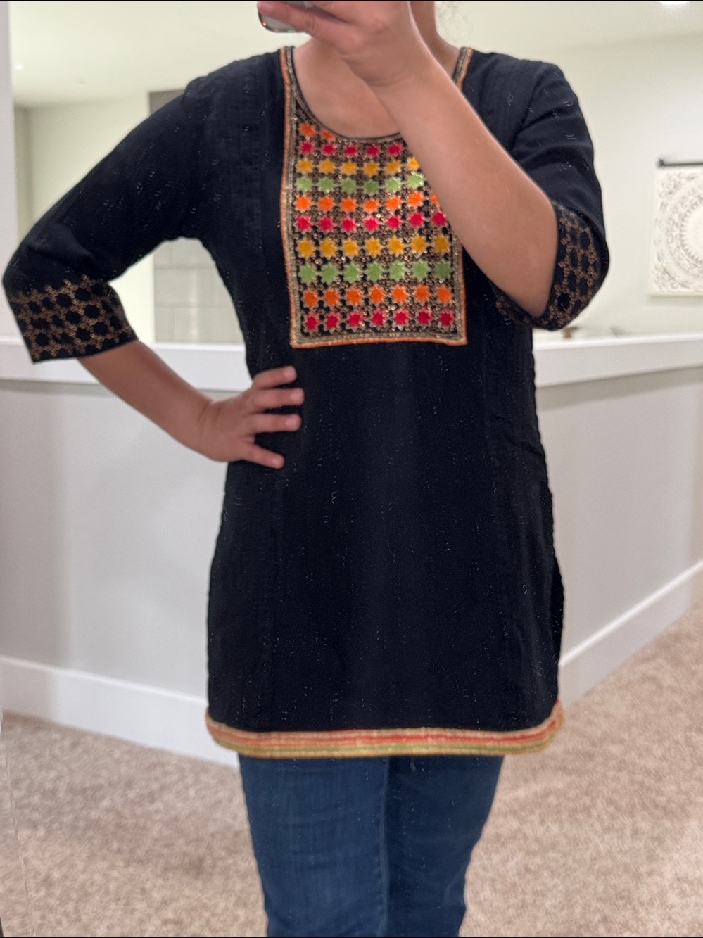 Black Embroidered Split-Side Tunic Top kurta top with embellished sleeves